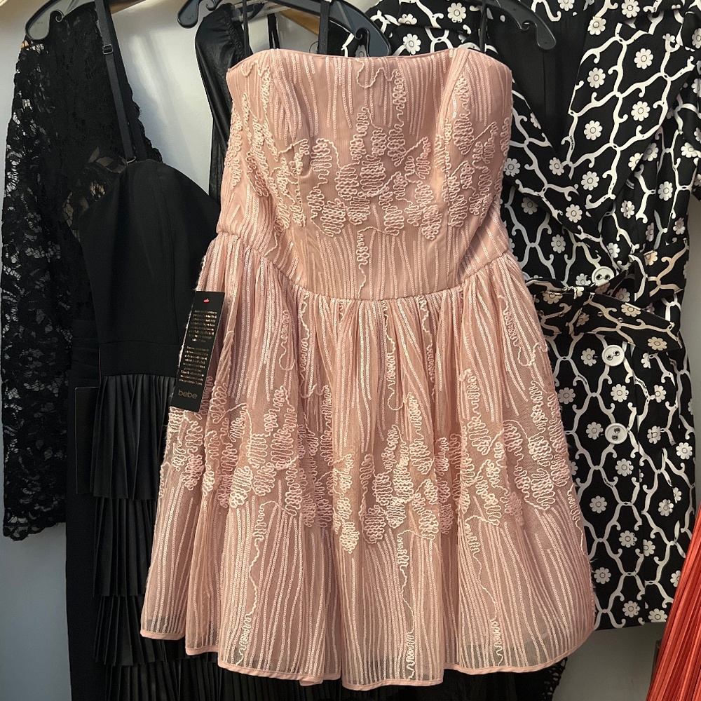 Bebe fit + flare  strapless sequins detail with  plush bodice dress